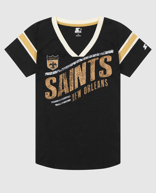 Front of Women's New Orleans Saints Perfect Game V-Neck Shirt | Saints Black