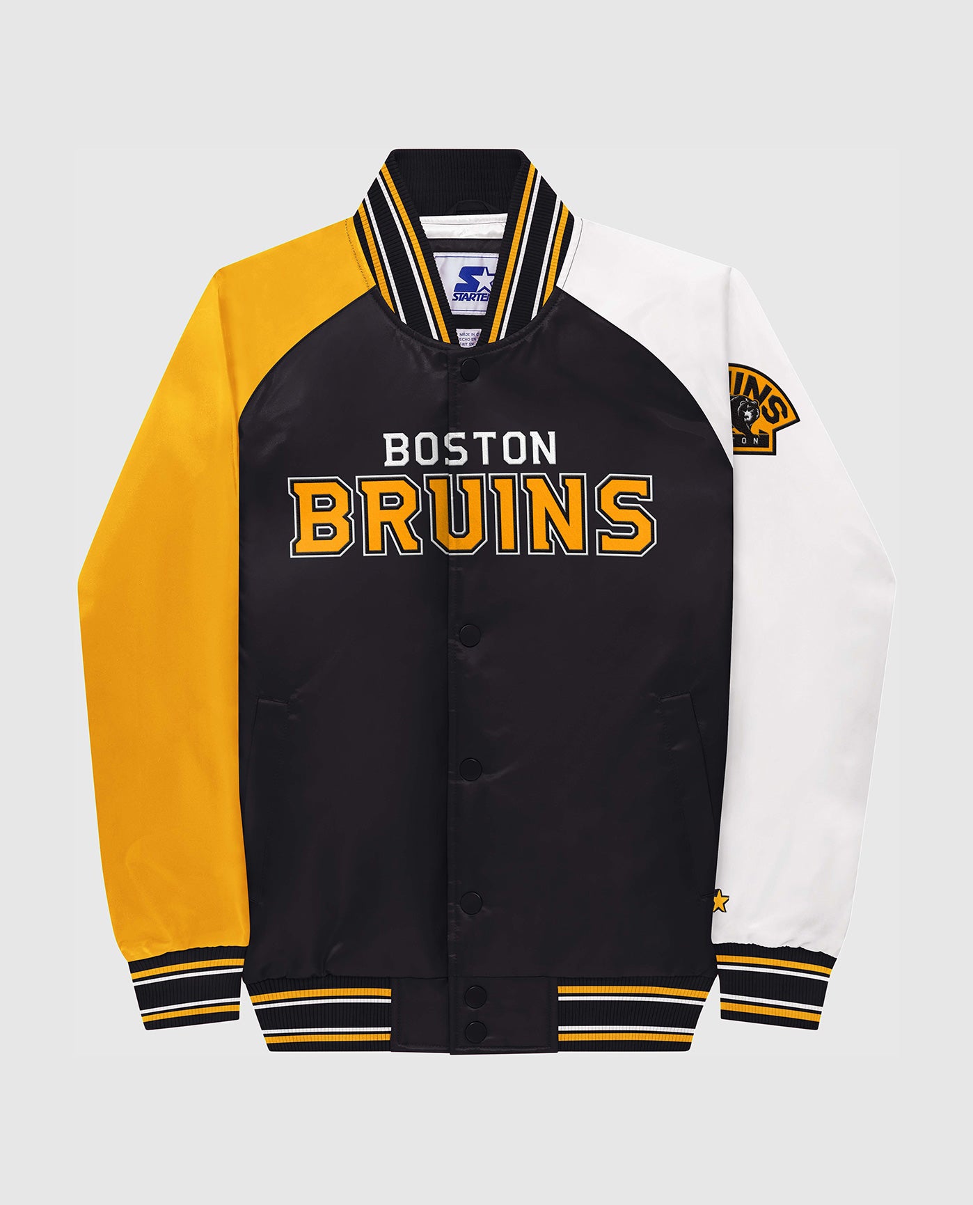 Front of Youth Boston Bruins Varsity Satin Full-Snap Jacket | Black