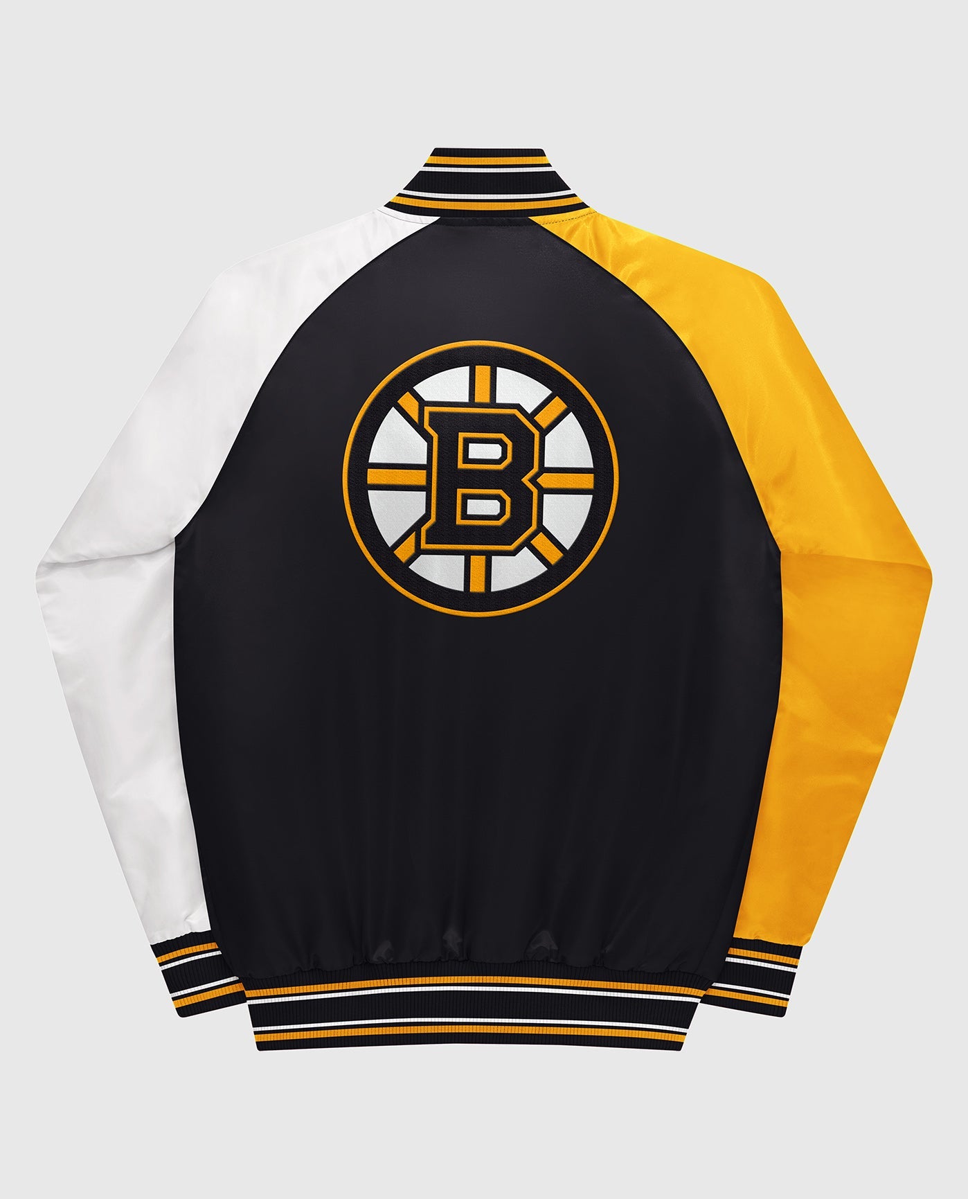 Back of Youth Boston Bruins Varsity Satin Full-Snap Jacket | Black
