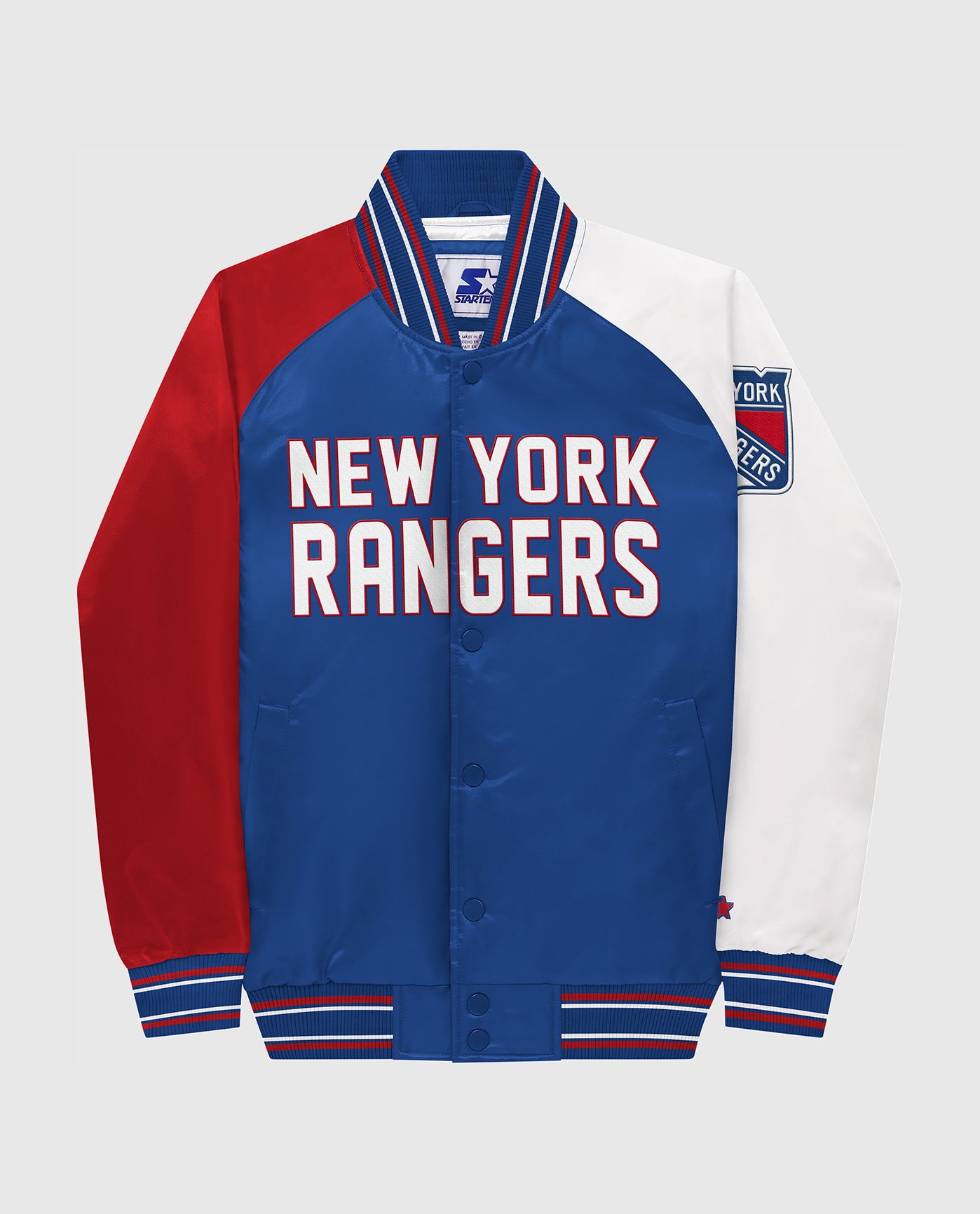 Front of Youth New York Rangers Varsity Satin Full-Snap Jacket | Rangers Blue