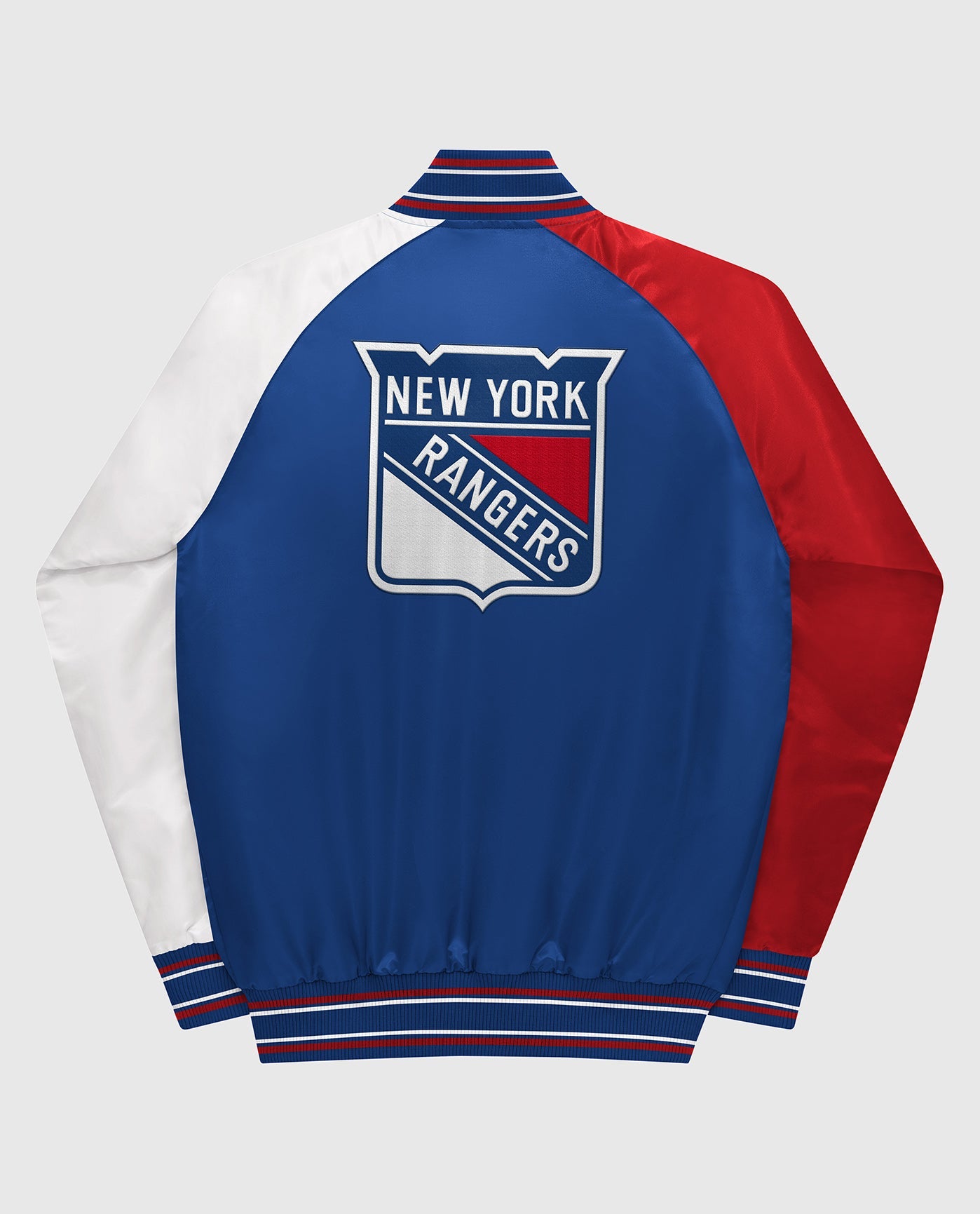 Back of Youth New York Rangers Varsity Satin Full-Snap Jacket | Rangers Blue