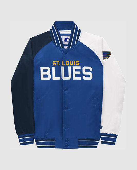 Front of Youth St. Louis Blues Varsity Satin Full-Snap Jacket | Blues Blue