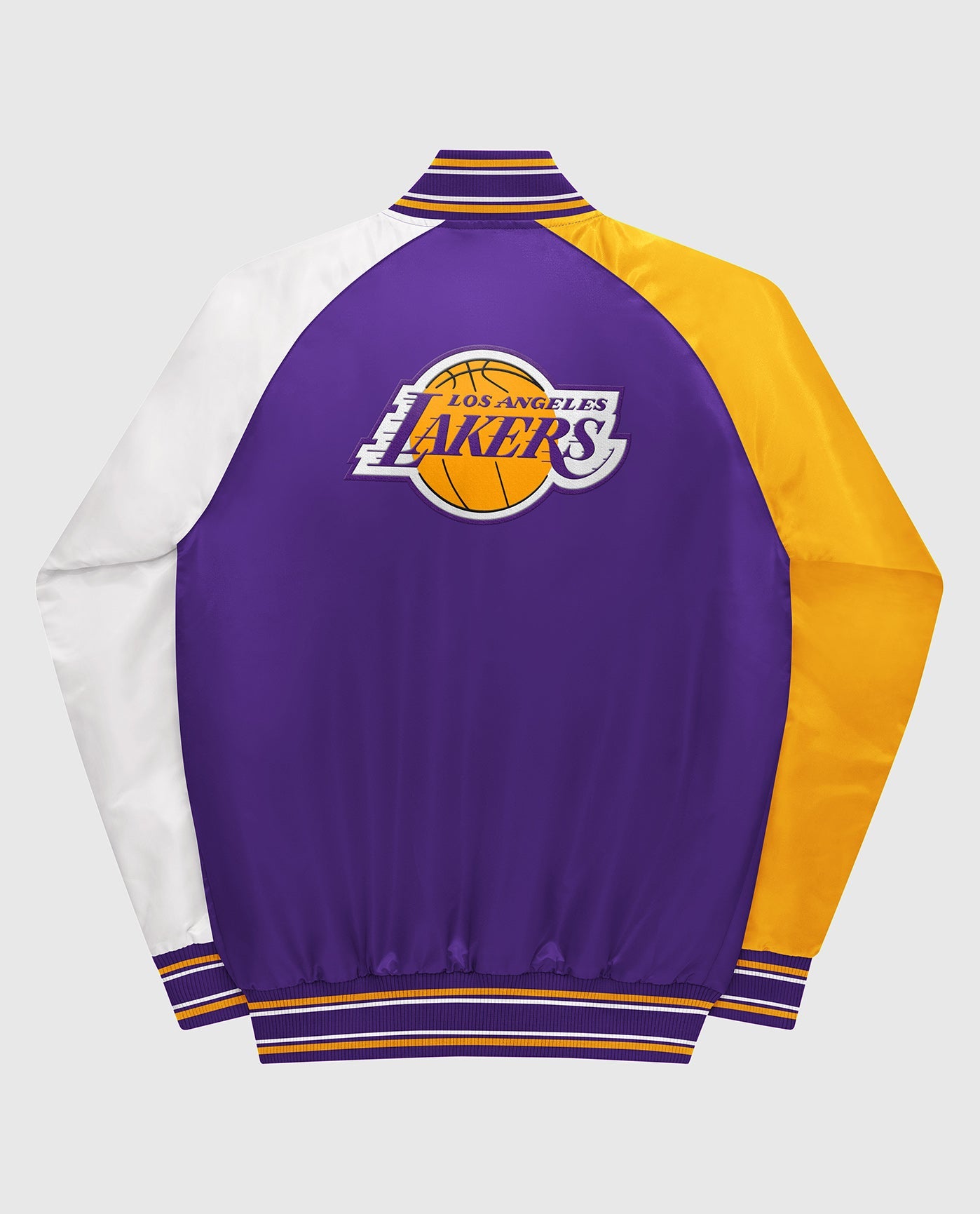 Back of Youth Los Angeles Lakers Varsity Satin Full-Snap Jacket | Lakers Purple