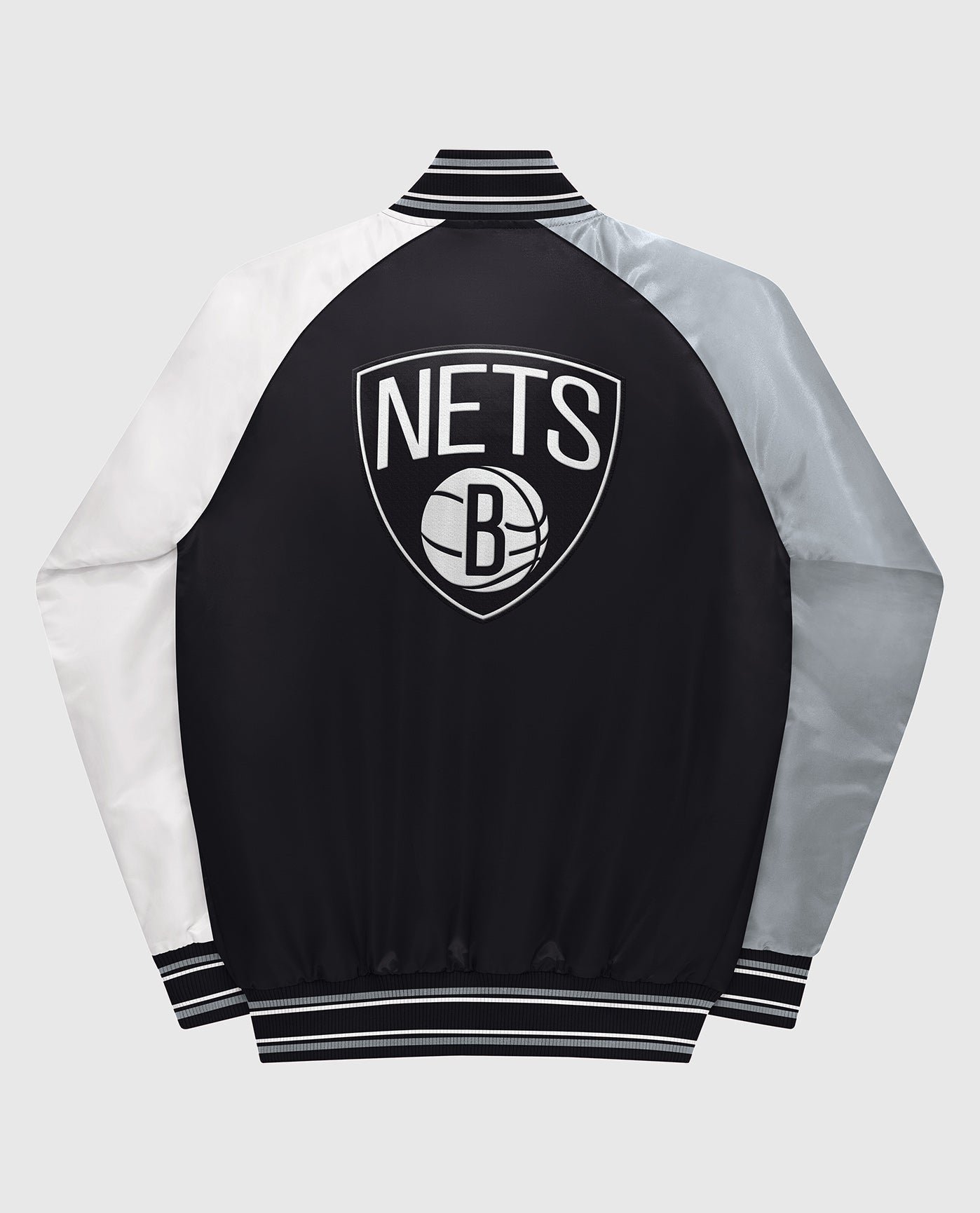 Back of Youth Brooklyn Nets Varsity Satin Full-Snap Jacket | Black