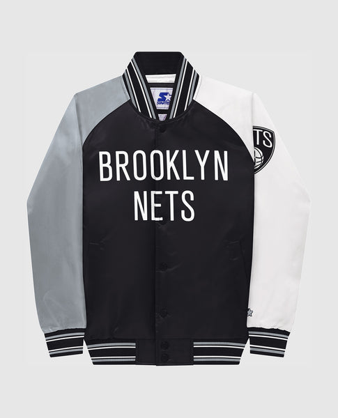 BROOKLYN NETS NEW JERSEY SATIN STARTER JACKET BIG LOGO BLACK KYRIE