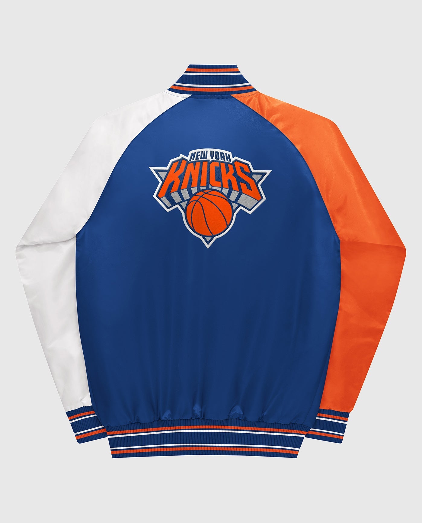 Back of Youth New York Knicks Varsity Satin Full-Snap Jacket | Knicks Blue