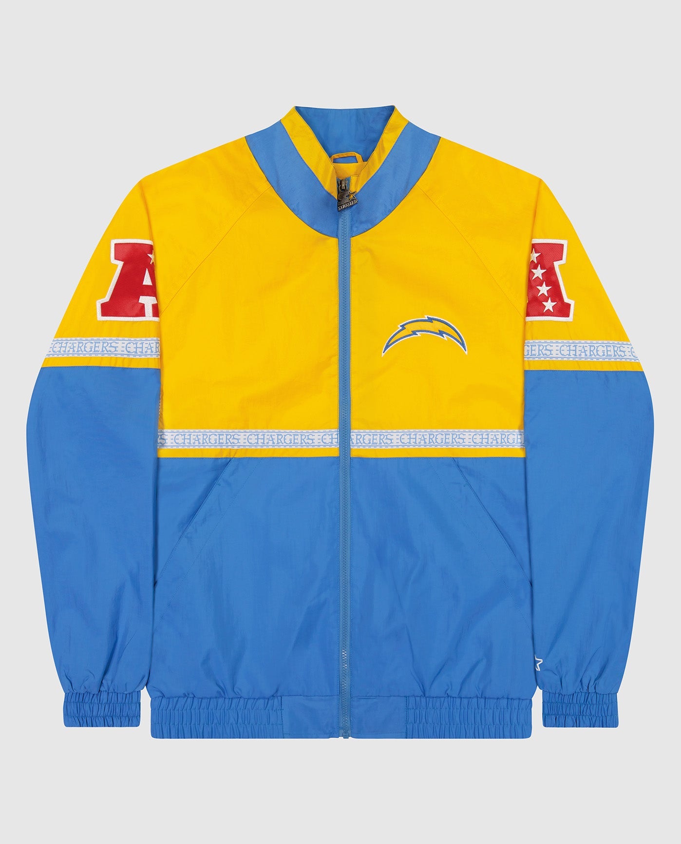 Front of Los Angeles Chargers Full-Zip Academy II Jacket | Chargers Gold Light Blue