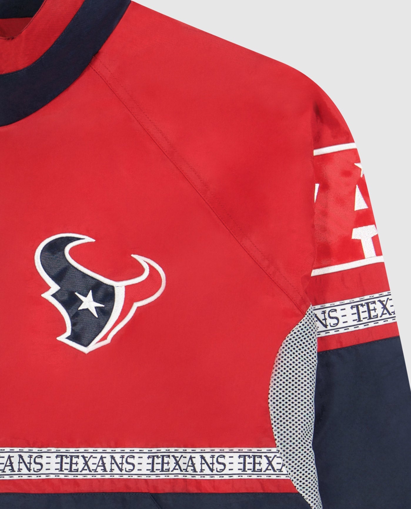 Houston Texans logo top left chest, Twill Applique Conference logo and "TEXANS" tape on mid body and sleeves | Texans Red Navy
