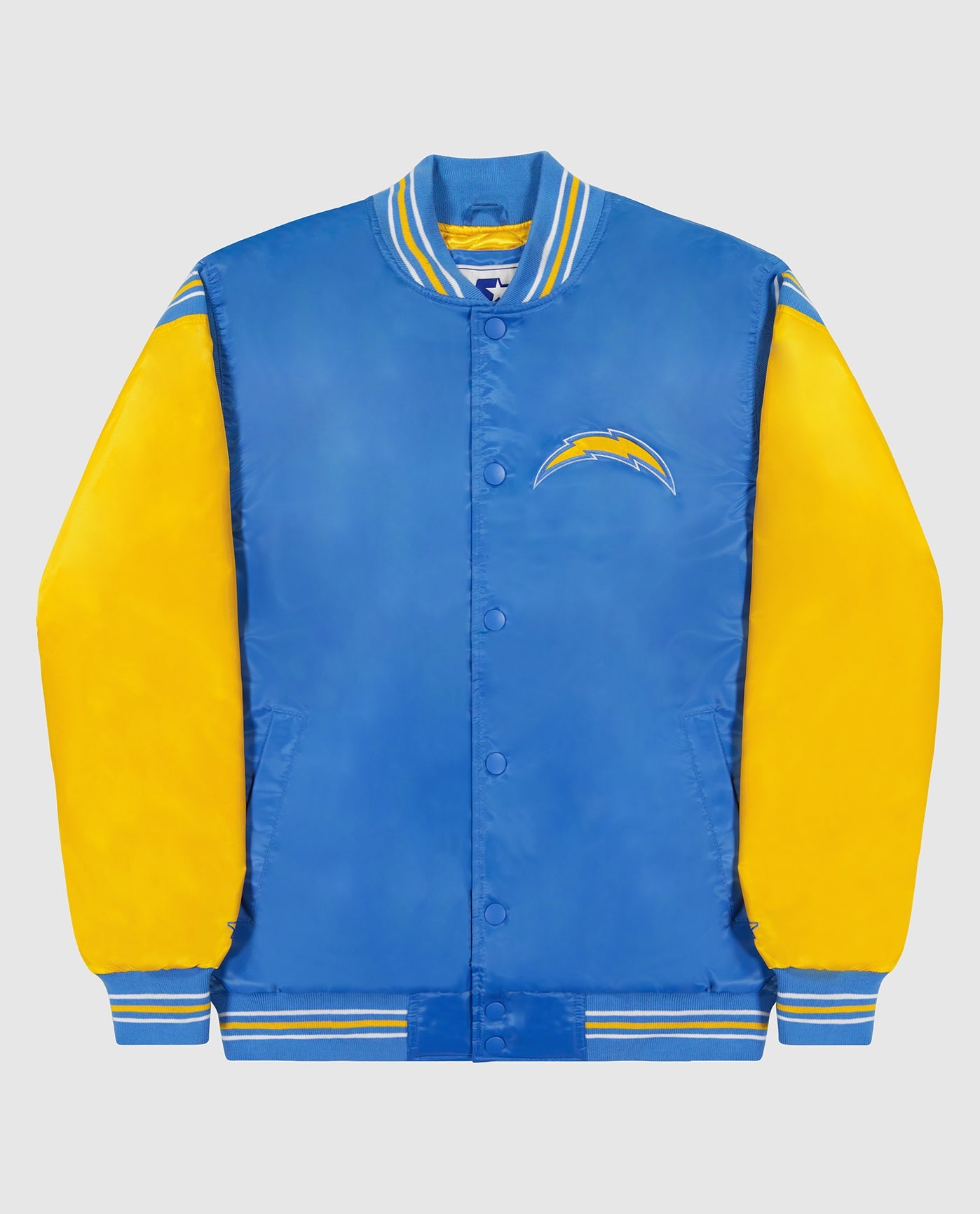 Front of Los Angeles Chargers Varsity Satin Full-Snap Jacket | Chargers Light Blue