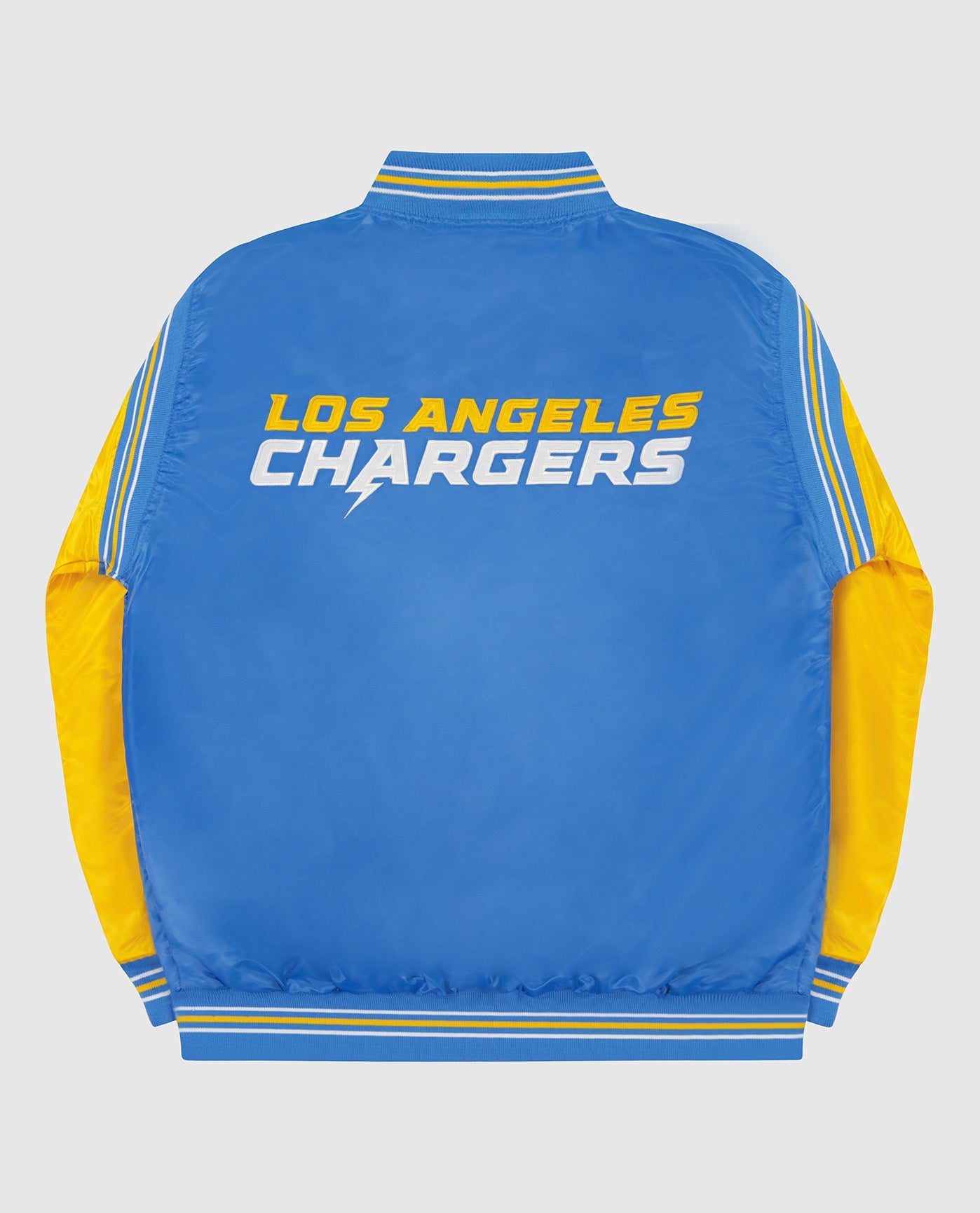 Back of Los Angeles Chargers Varsity Satin Full-Snap Jacket | Chargers Light Blue