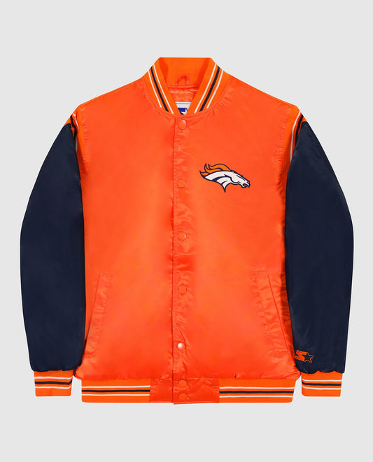 Front of Denver Broncos Varsity Satin Full-Snap Starter Jacket | Broncos Orange