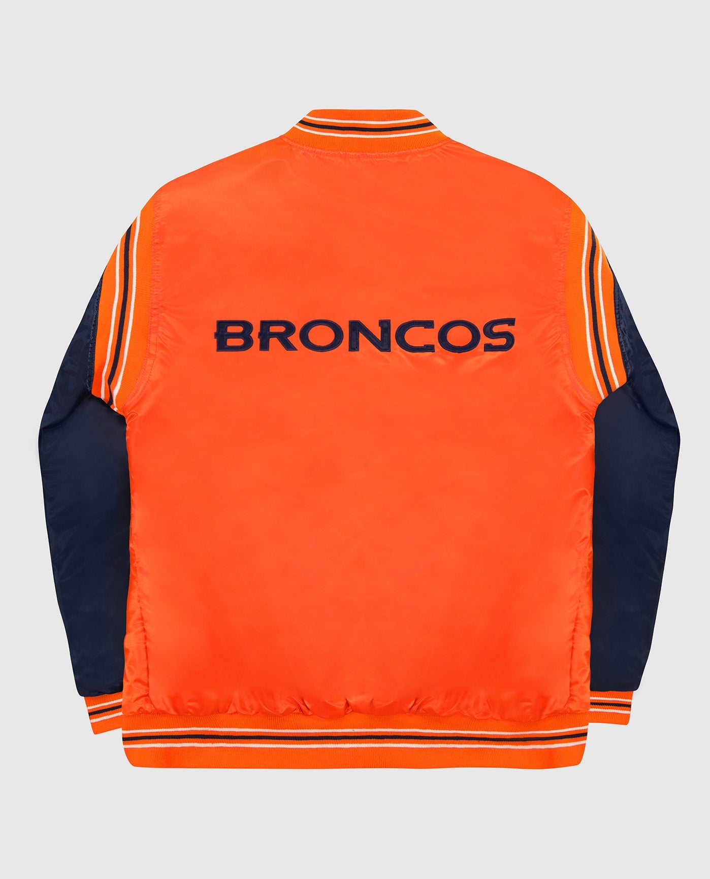 Back of Denver Broncos Varsity Satin Full-Snap Starter Jacket | Broncos Orange