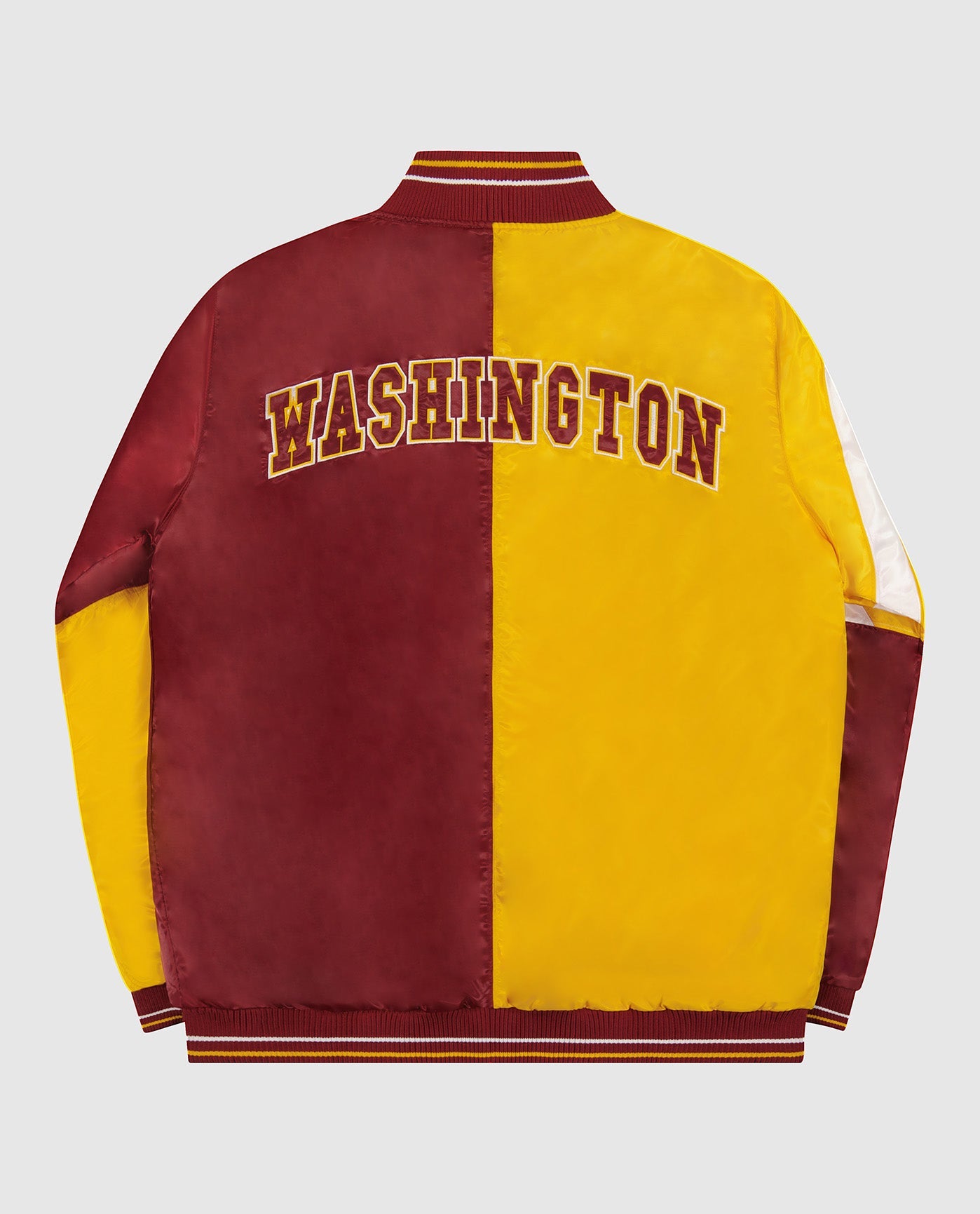 Back of Washington Commanders Varsity Satin Full-Snap Jacket | Commanders Gold Burgundy