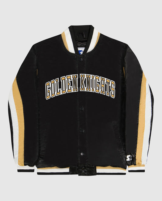 Front of Vegas Golden Knights Varsity Satin Full-Snap Ace Jacket | Golden Knights Black