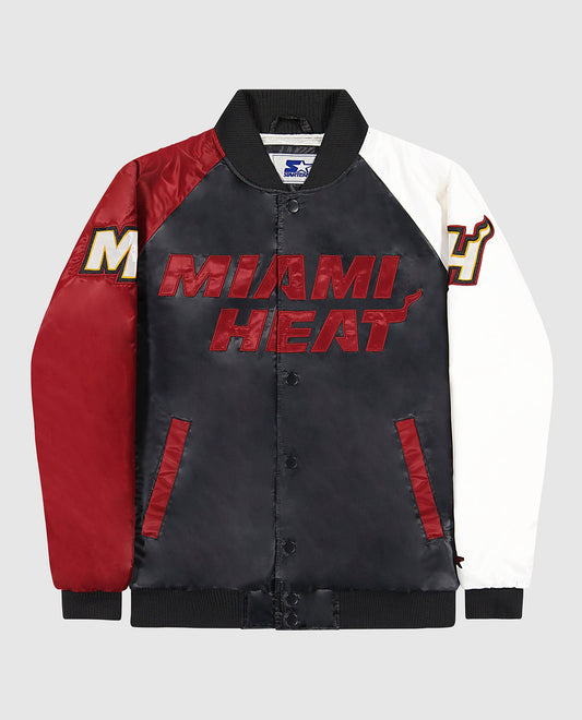 Front of Miami Heat Varsity Satin Full-Snap Starter Jacket | Heat Black