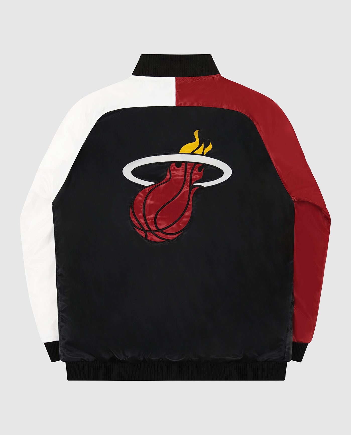 Back of Miami Heat Varsity Satin Full-Snap Starter Jacket | Heat Black