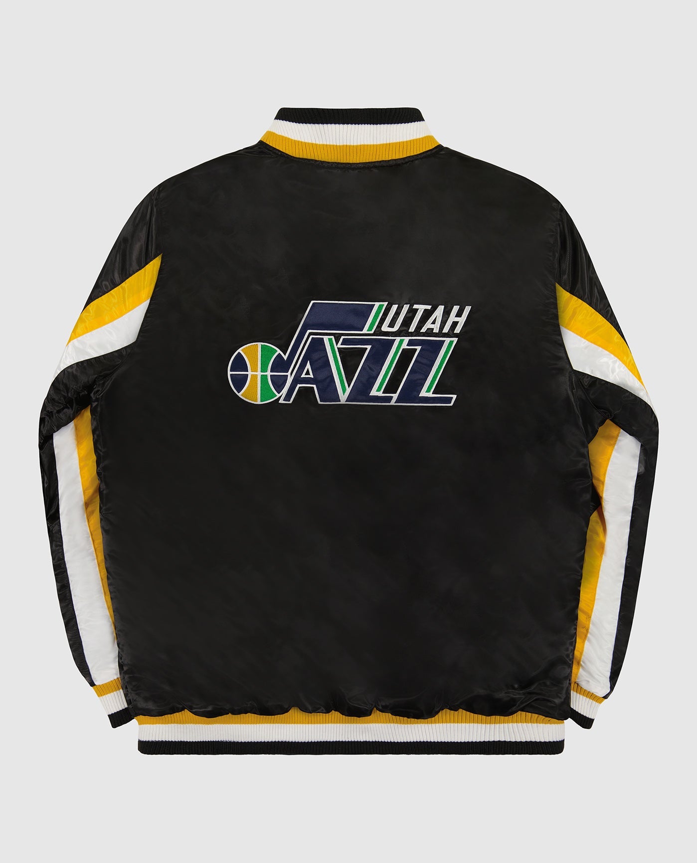 Back of Utah Jazz Varsity Satin Full-Snap Ace Starter Jacket | Jazz Black