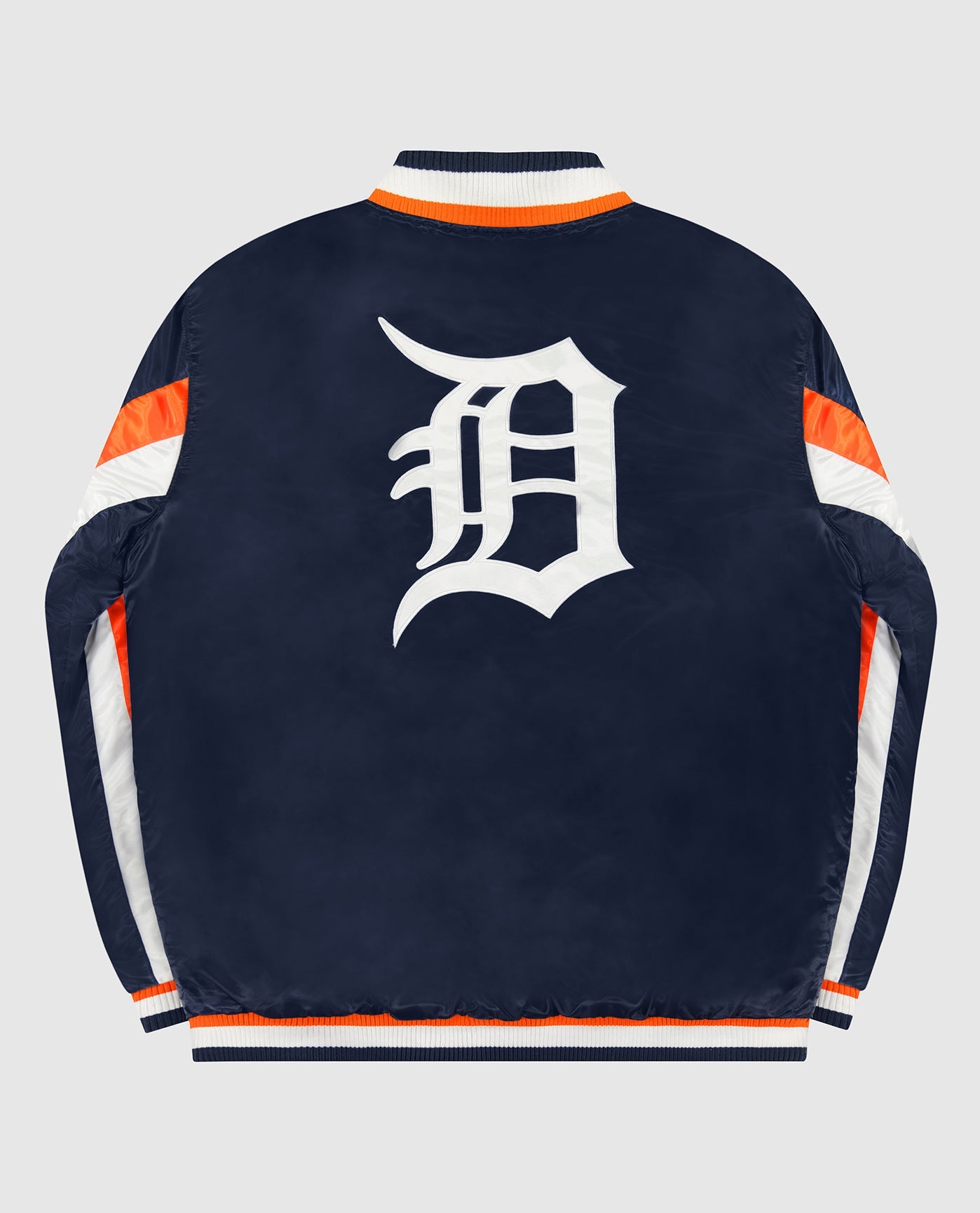 Back of Detroit Tigers Varsity Satin Full-Snap Ace Jacket | Tigers Navy