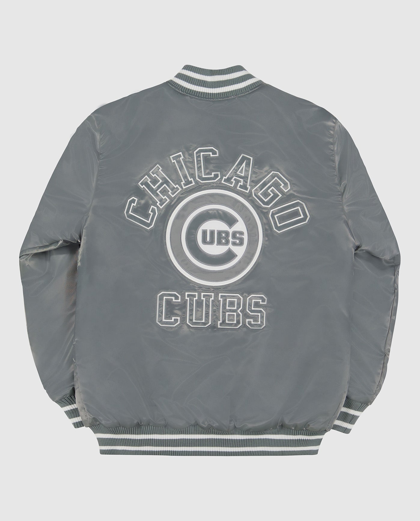 Back of Chicago Cubs Varsity Satin Full-Snap Starter Jacket | Cubs Silver