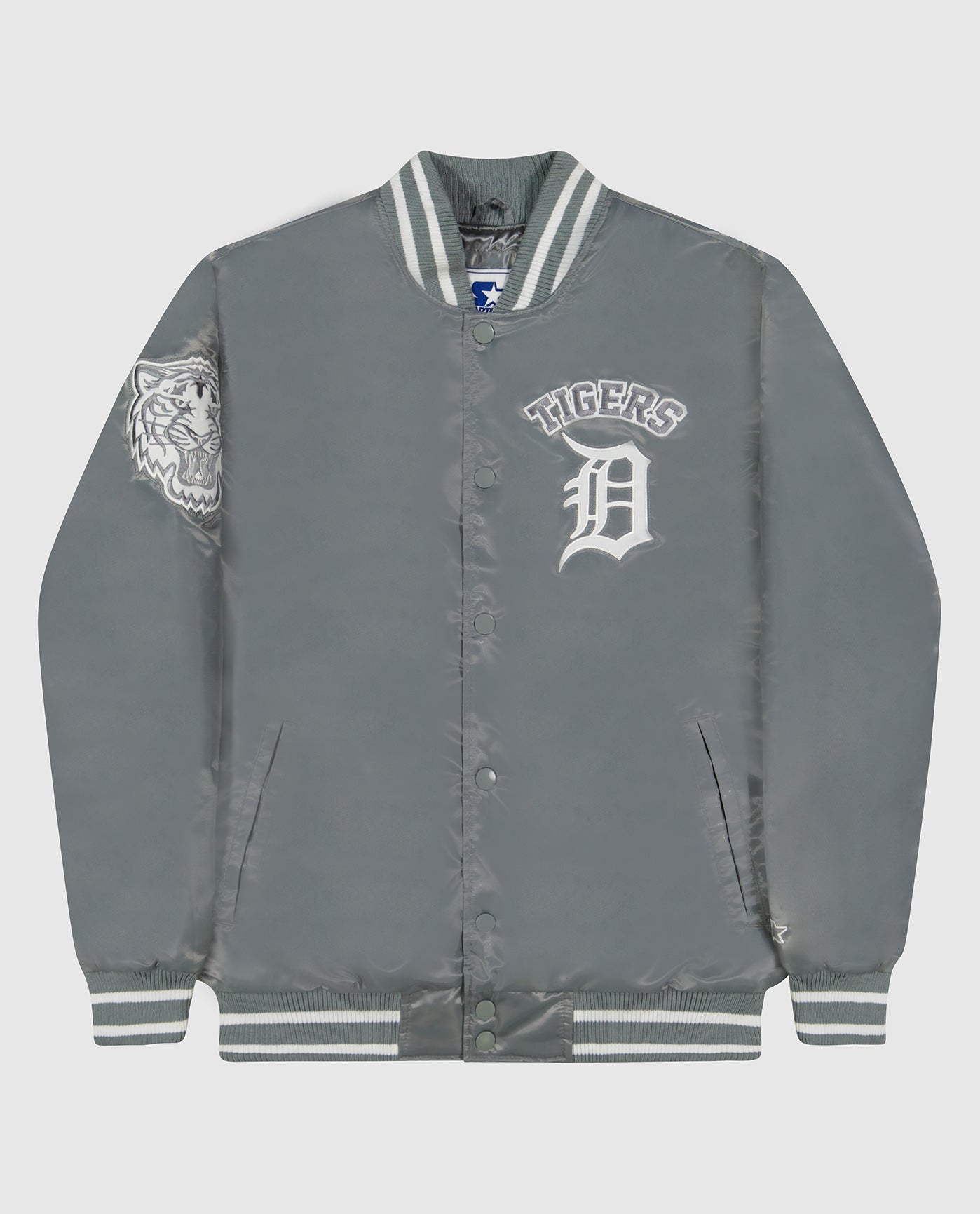 Front of Detroit Tigers Varsity Satin Full-Snap Starter Jacket | Tigers Silver