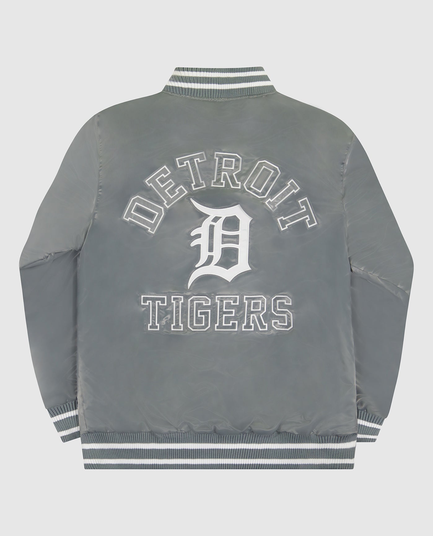 Back of Detroit Tigers Varsity Satin Full-Snap Starter Jacket | Tigers Silver