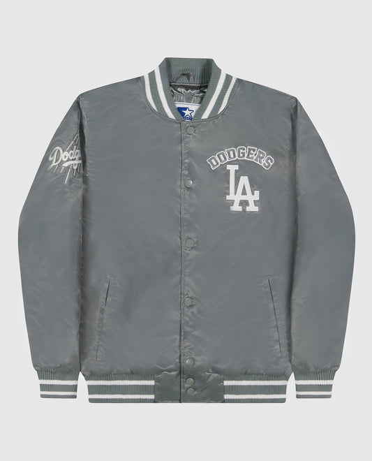 Front of Los Angeles Dodgers Varsity Satin Full-Snap Jacket | Dodgers Silver