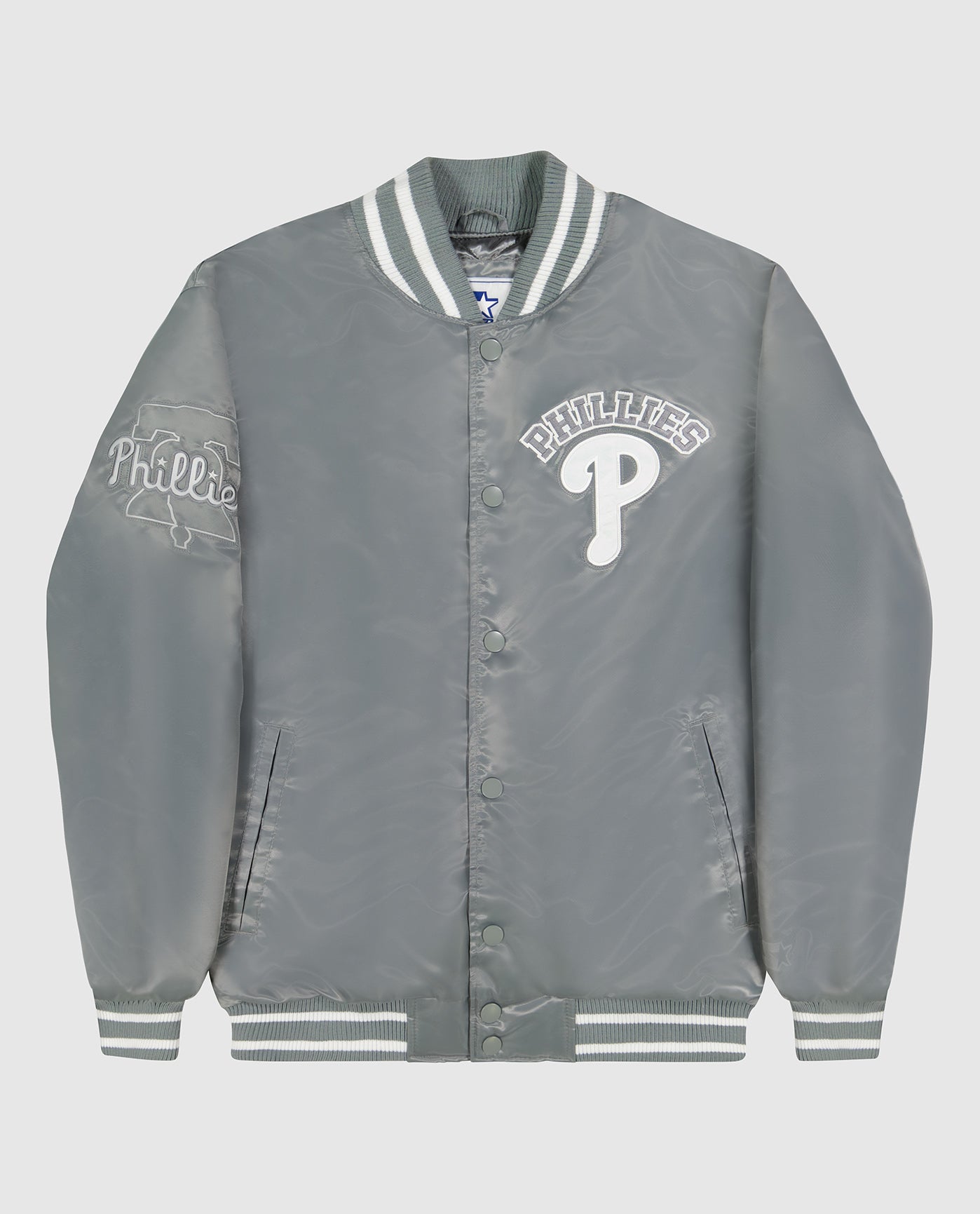 Front of Philadelphia Phillies Varsity Satin Full-Snap Jacket | Phillies Silver