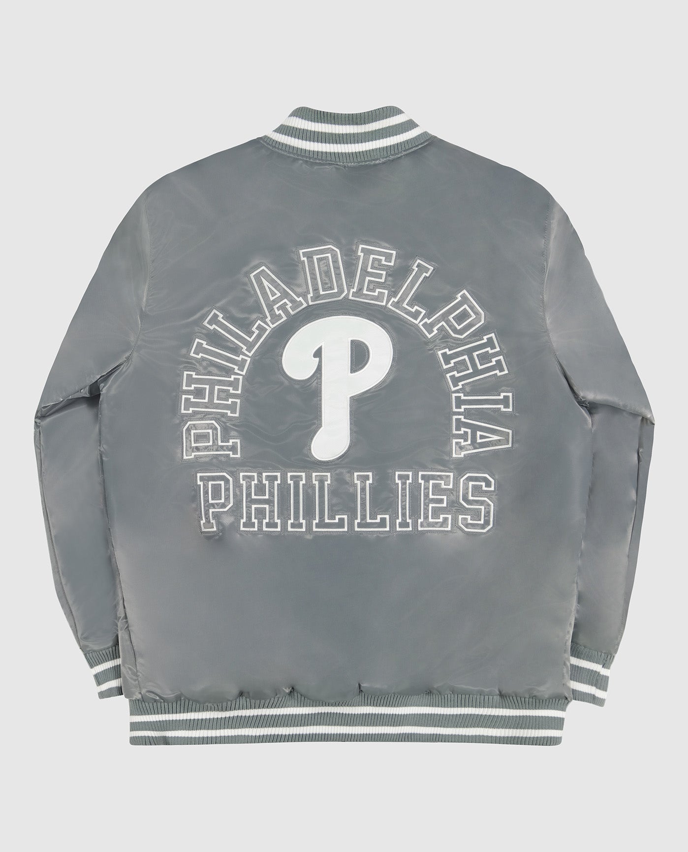 Back of Philadelphia Phillies Varsity Satin Full-Snap Jacket | Phillies Silver