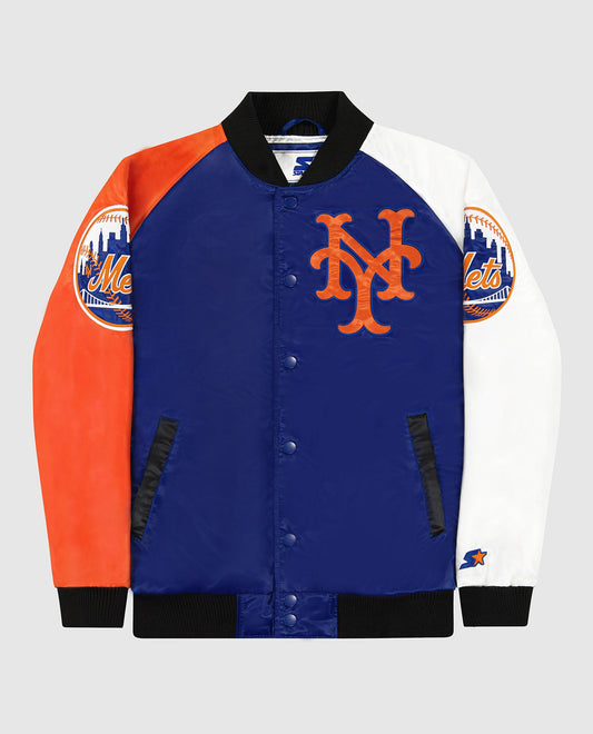 Front of New York Mets Varsity Satin Full-Snap Starter Jacket | Mets Blue