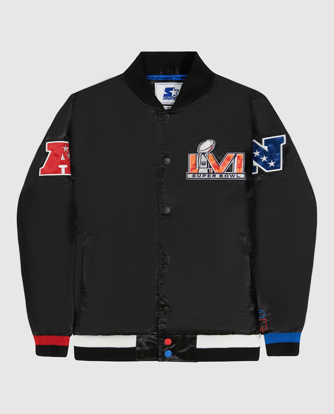 Men's Starter x MSX by Michael Strahan Black Super Bowl LVI Satin Full-Snap Varsity Jacket Size: Extra Large