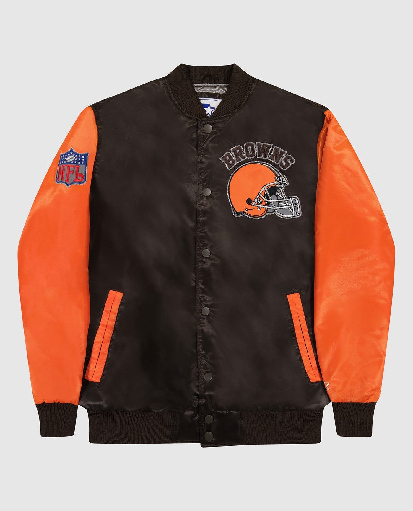 Front of Cleveland Browns Varsity Satin Full-Snap Jacket | Browns Brown