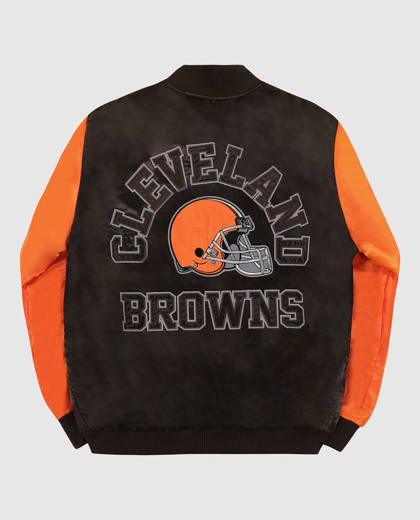 Back of Cleveland Browns Varsity Satin Full-Snap Jacket | Browns Brown