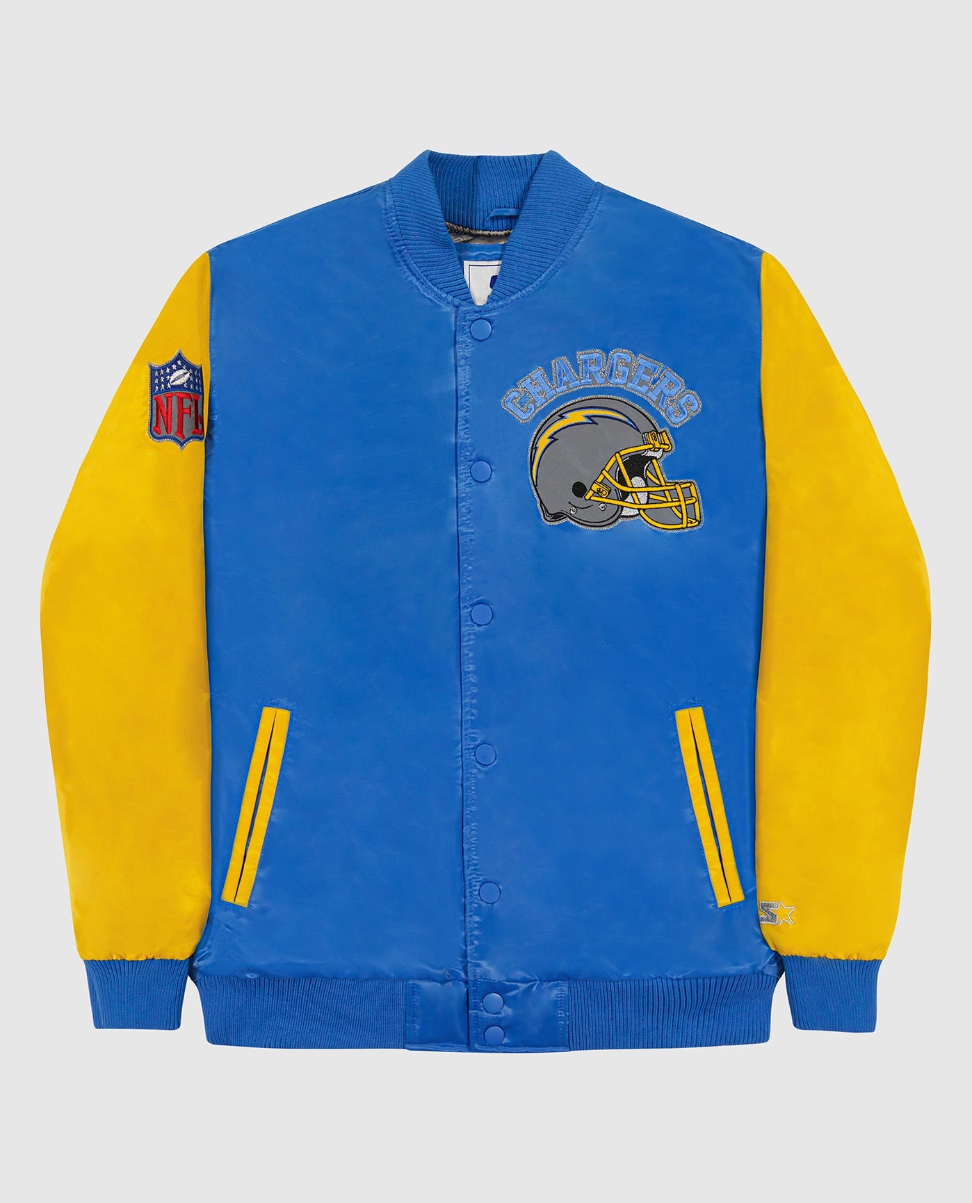 Front of Los Angeles Chargers Varsity Satin Full-Snap Jacket | Chargers Light Blue