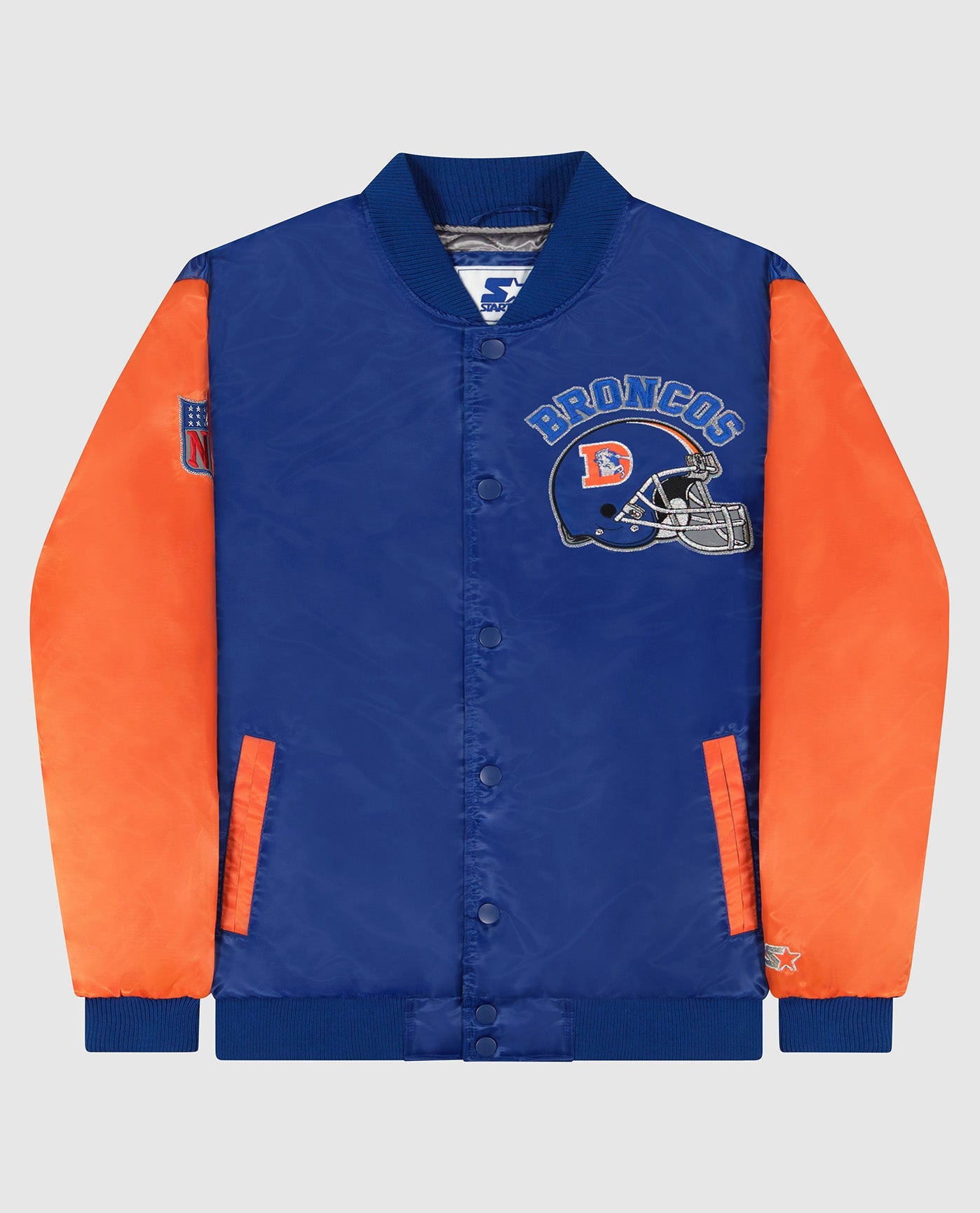 Front of Denver Broncos Varsity Satin Full-Snap Starter Jacket | Broncos Blue
