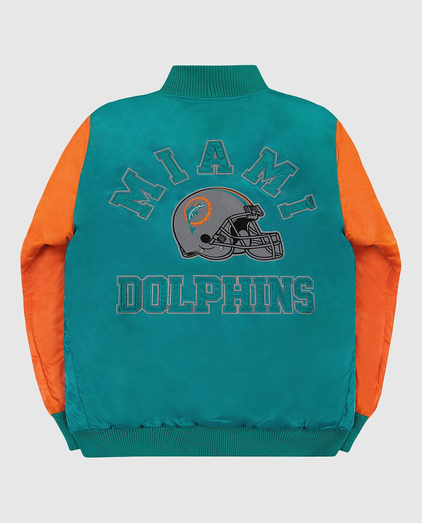 Back of Miami Dolphins Varsity Satin Full-Snap Starter Jacket | Dolphins Aqua