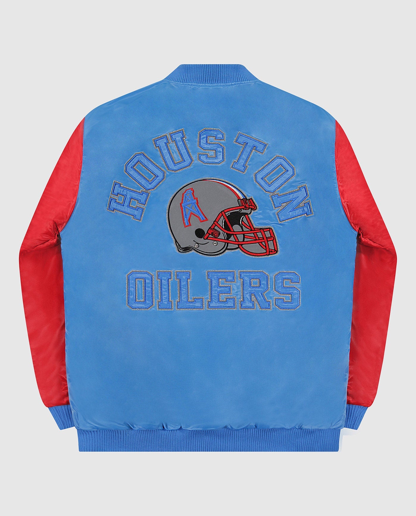Back of Houston Oilers Varsity Satin Full-Snap Starter Jacket | Oilers Light Blue