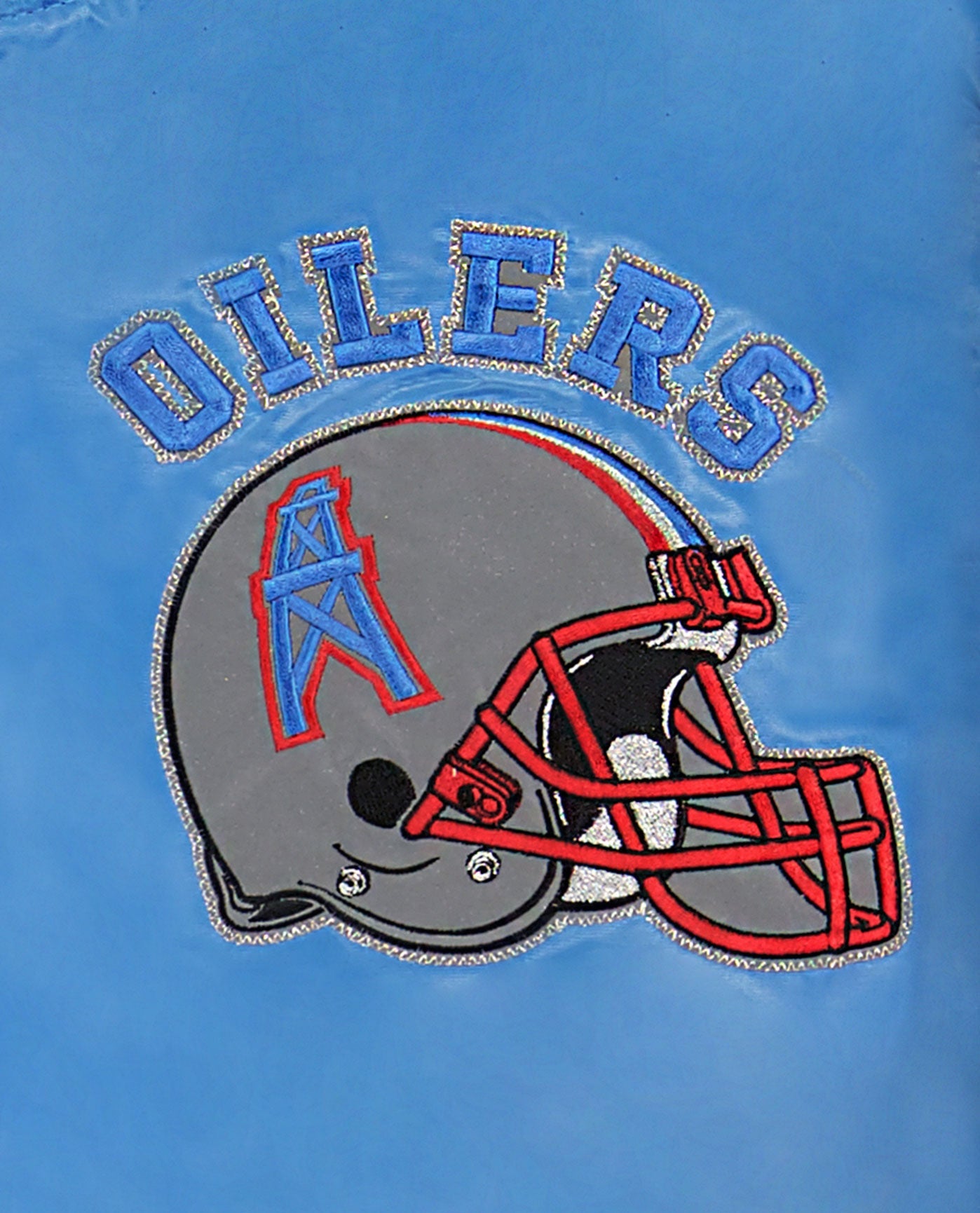 OILERS writing and helmet logo top left chest | Oilers Light Blue
