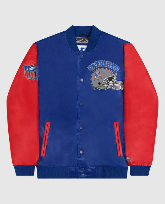 Front of New England Patriots Varsity Satin Full-Snap Jacket | Patriots Blue