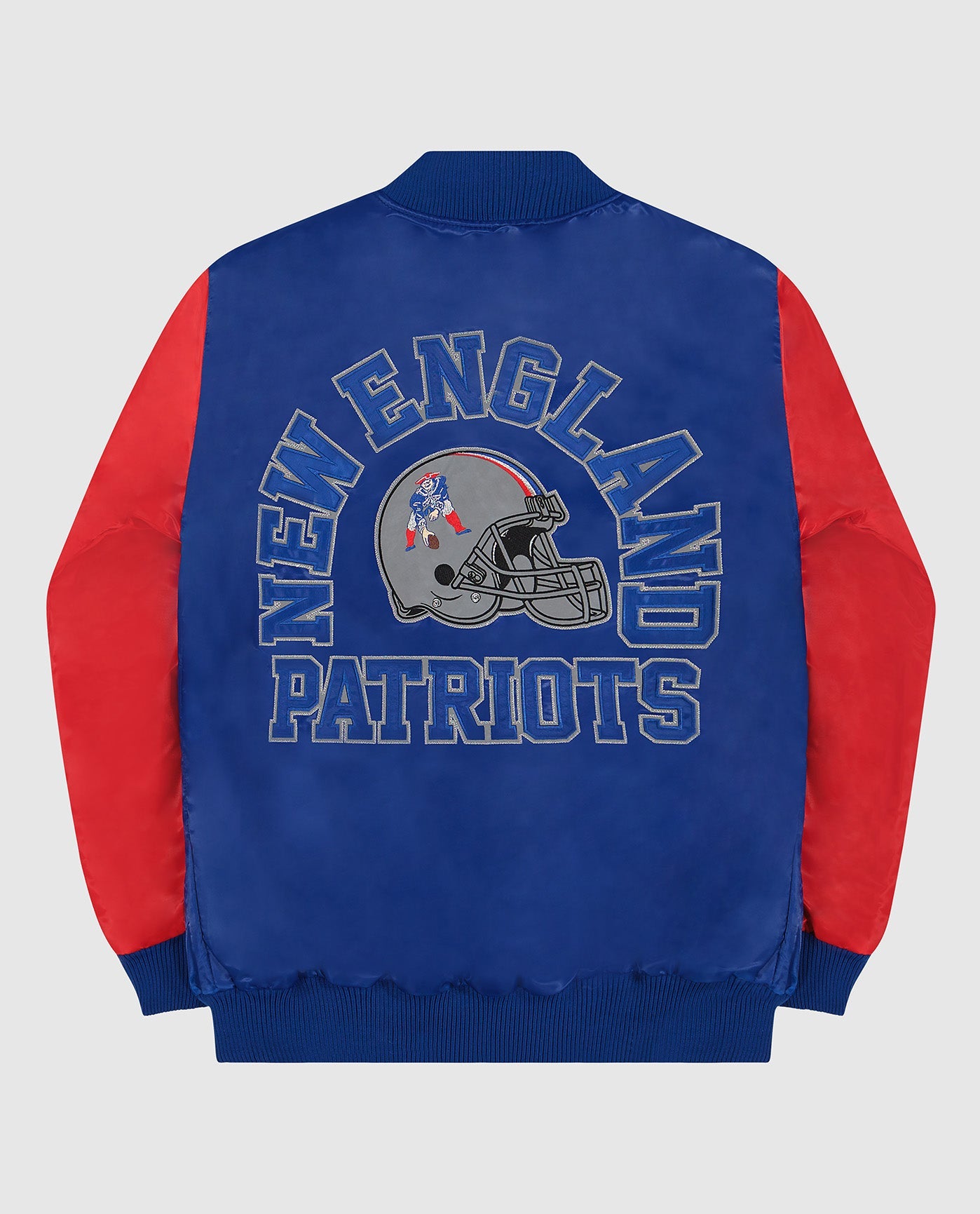 Back of New England Patriots Varsity Satin Full-Snap Jacket | Patriots Blue