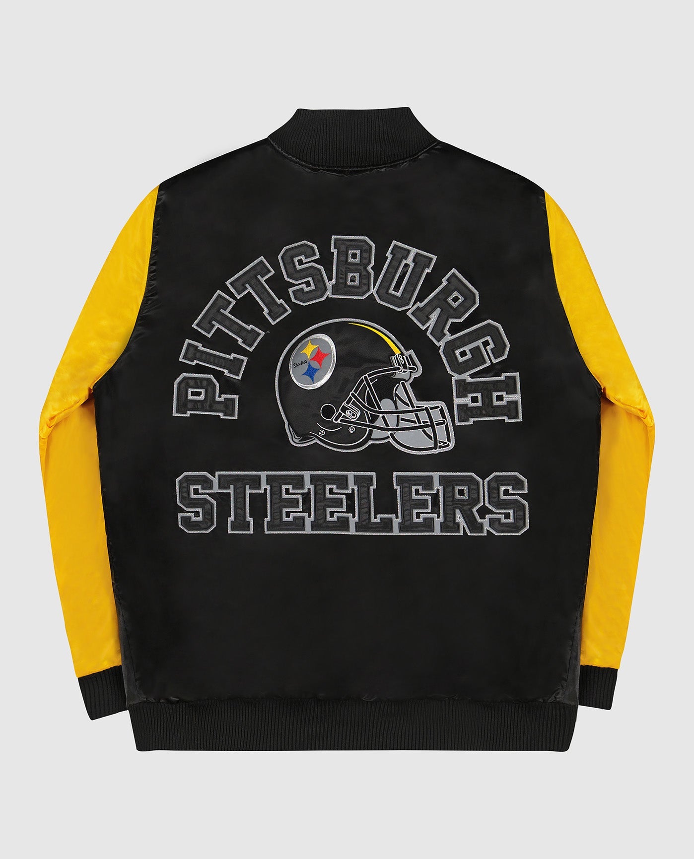 Back of Pittsburgh Steelers Varsity Satin Full-Snap Jacket | Steelers Black