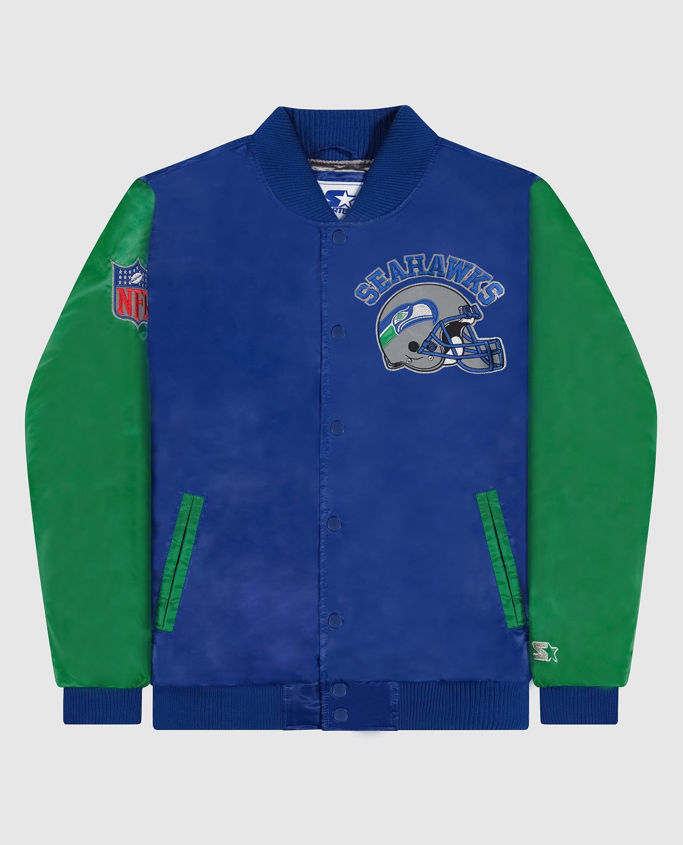 Front of Seattle Seahawks Varsity Satin Full-Snap Starter Jacket | Seahawks Blue