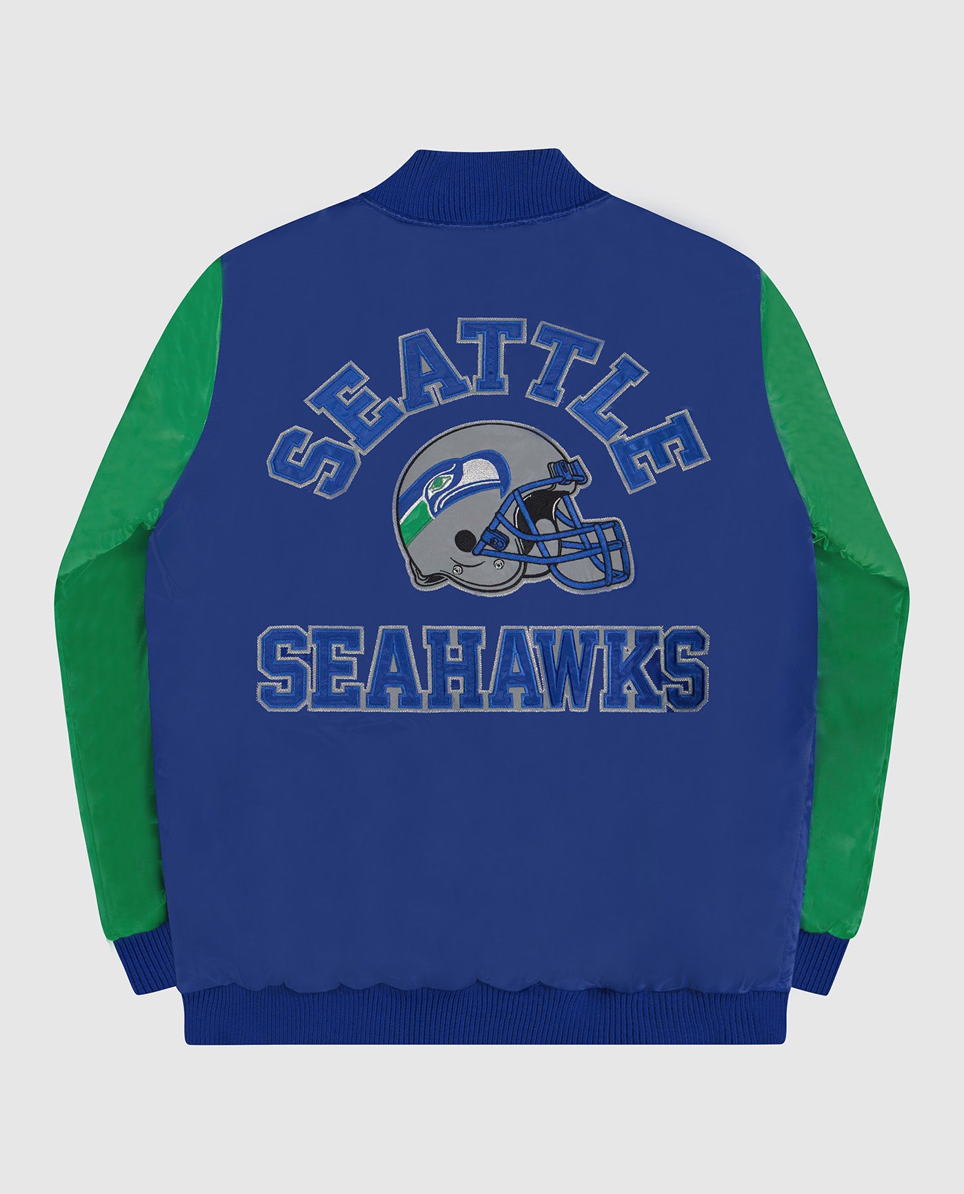 Back of Seattle Seahawks Varsity Satin Full-Snap Starter Jacket | Seahawks Blue