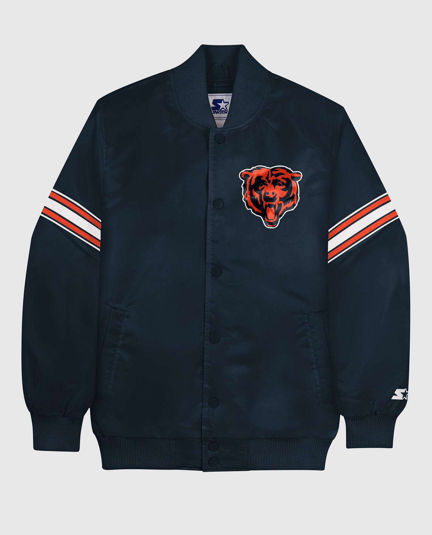 Front of Chicago Bears Varsity Satin Full-Snap Jacket | Bears Navy