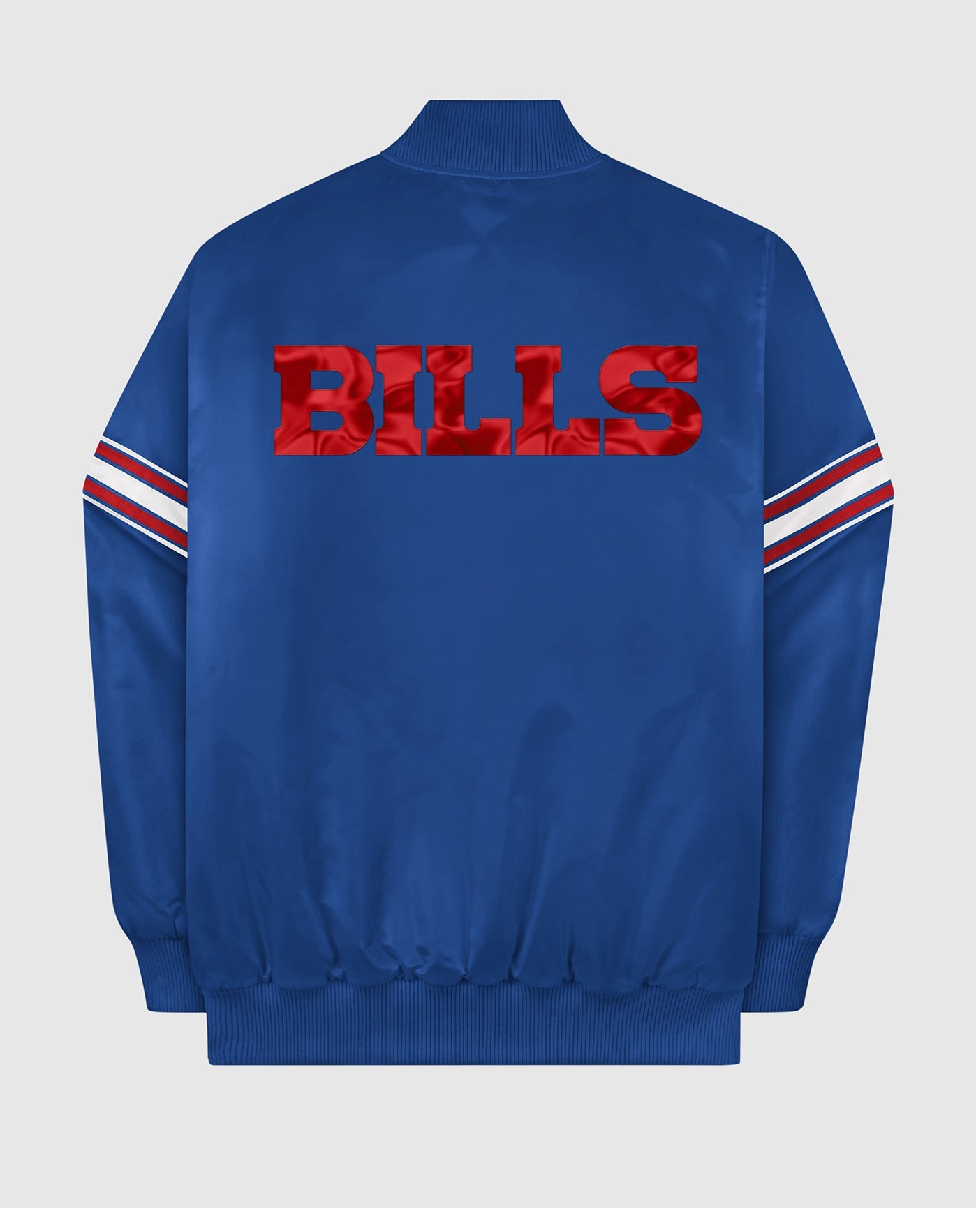 Back of Buffalo Bills Varsity Satin Full-Snap Jacket | Bills Blue