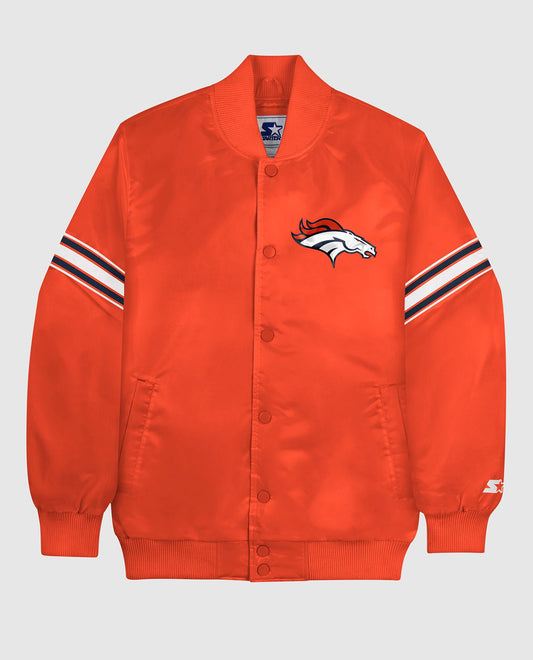 Front of Denver Broncos Varsity Satin Full-Snap Jacket | Broncos Orange
