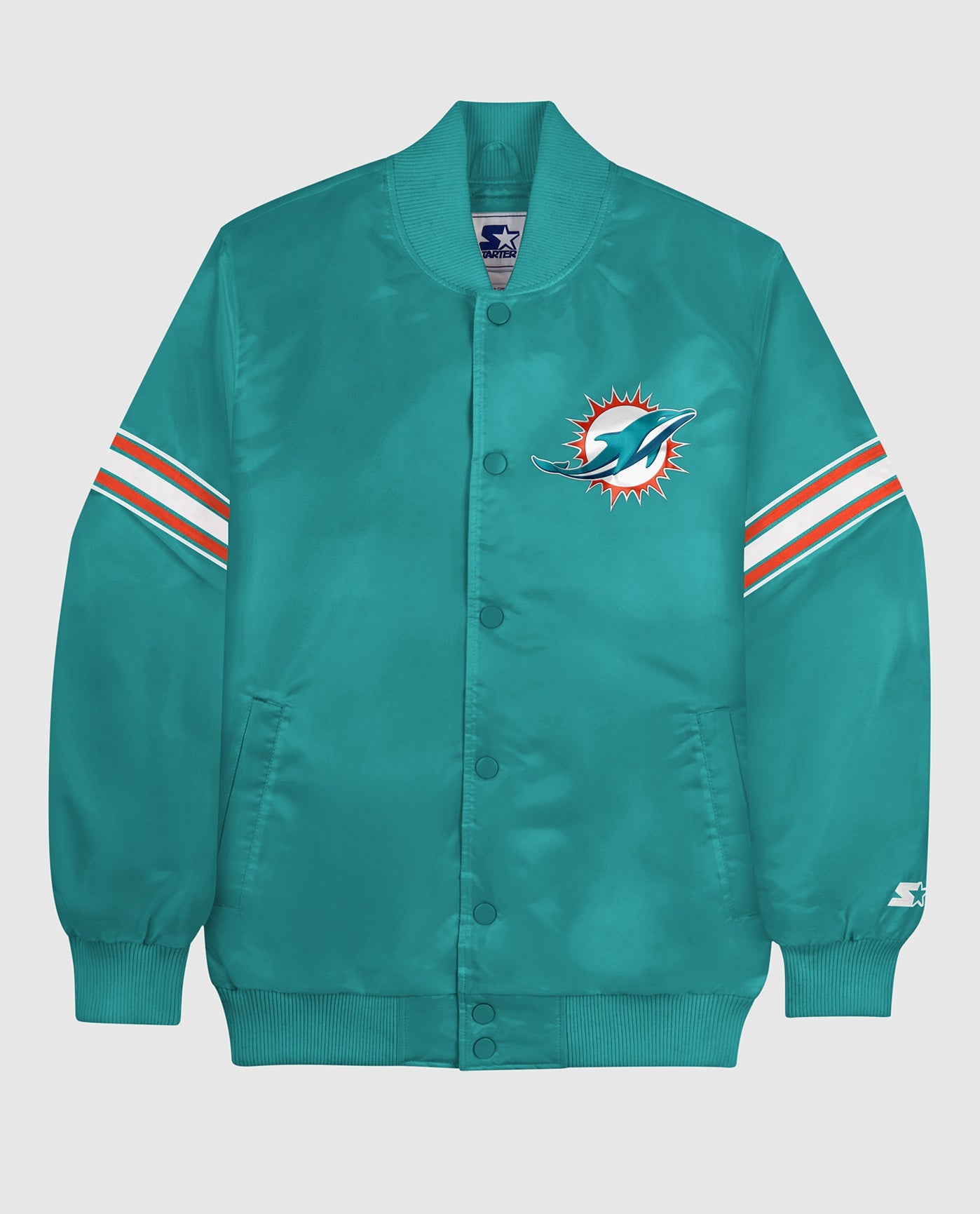Front of Miami Dolphins Varsity Satin Full-Snap Jacket | Dolphins Aqua