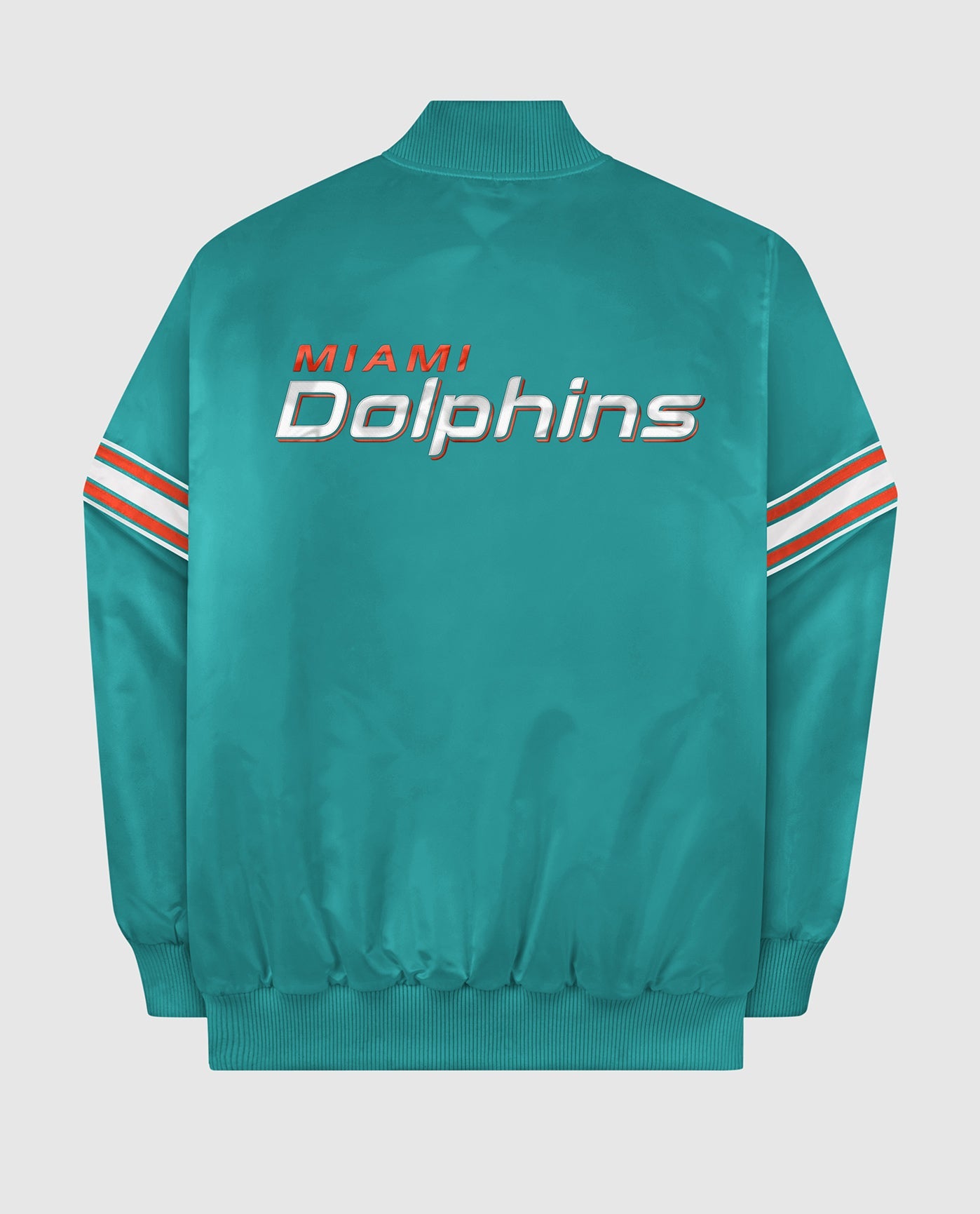 Back of Miami Dolphins Varsity Satin Full-Snap Jacket | Dolphins Aqua