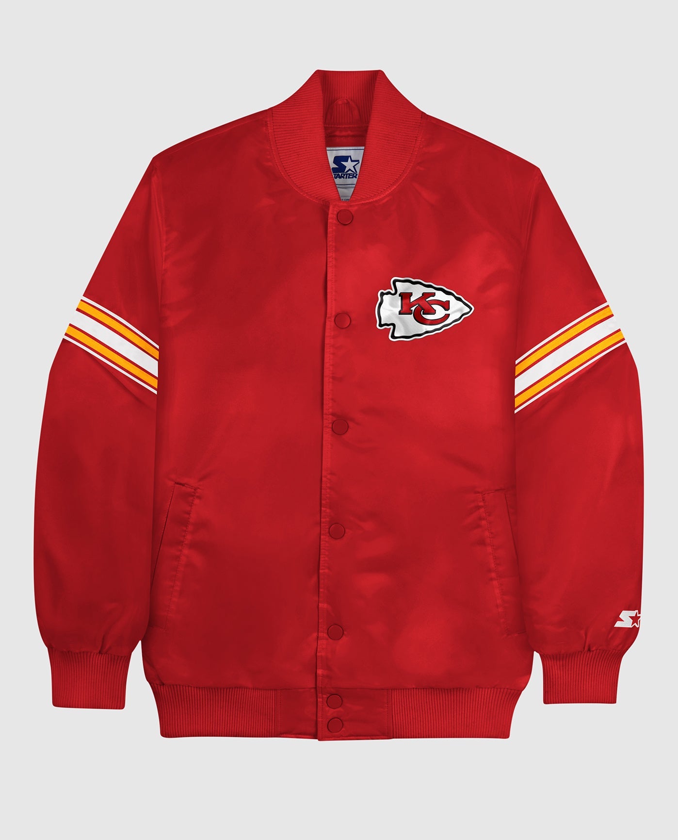 Front of Kansas City Chiefs Varsity Satin Full-Snap Jacket | Chiefs Red