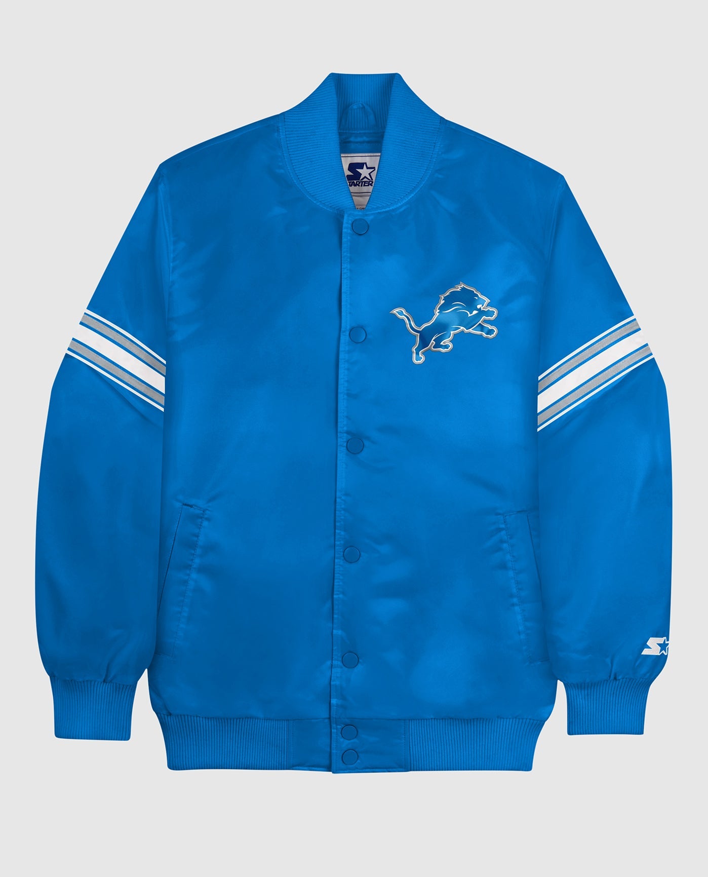 Front of Detroit Lions Varsity Satin Full-Snap Jacket | Lions Light Blue
