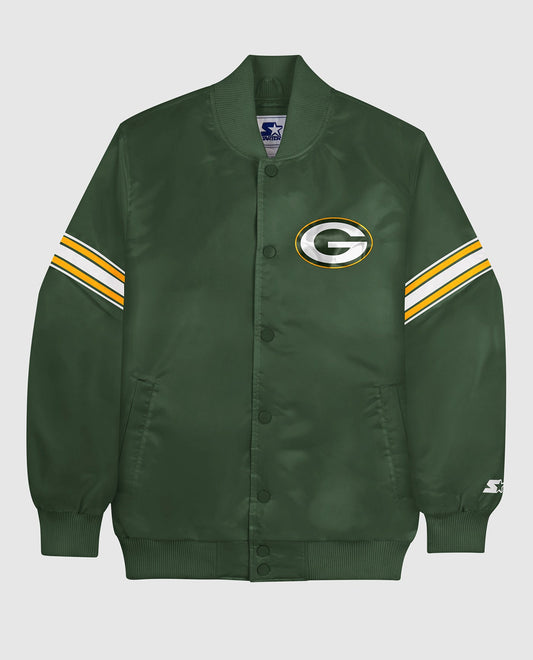 Front of Green Bay Packers Varsity Satin Full-Snap Jacket | Packers Green